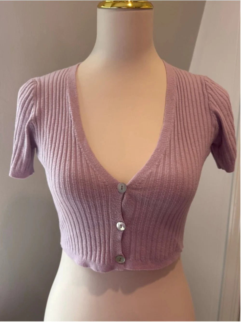 AE Studio Lavender Ribbed Button Front Crop Top Made in Italy Size Medium - Picture 3 of 9